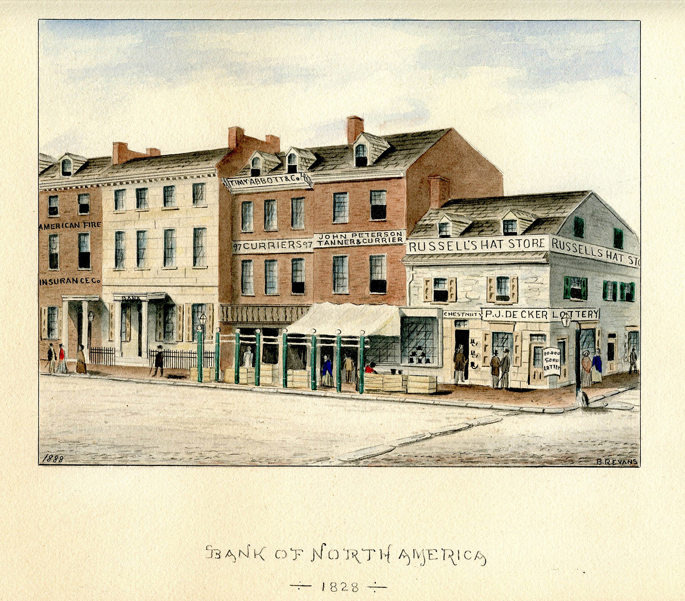 Image of an early Philadelphia street with block of five commercial buildings. Bank is second from left. Legend at bottom reads Bank of North America 1828. Image is color art.