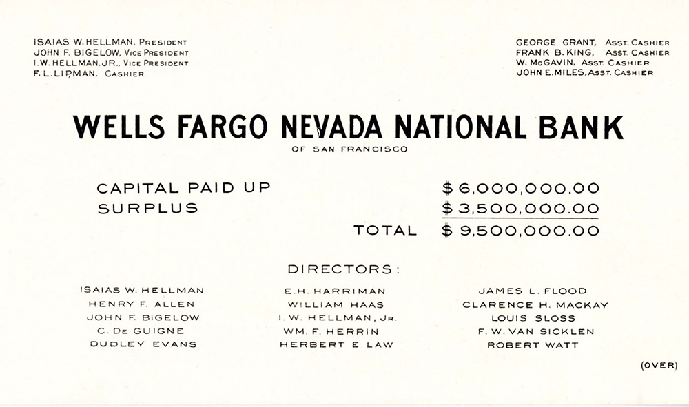 Card listing capital and surplus balances of Wells Fargo Nevada National Bank at 9.5 million dollars, and listing bank officers and directors by name.