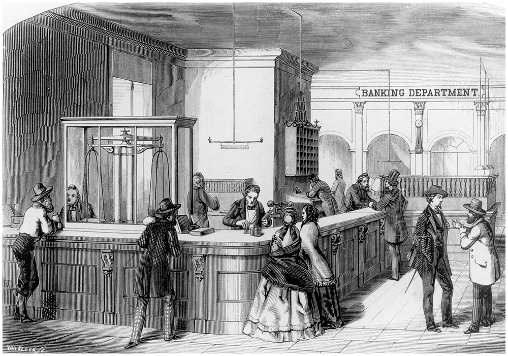 Drawing of three men and two women stand at a large wood counter in a room labeled Banking Department. Clerks count coins and wait on these people from the other side of the counter, which also holds a large scale. Two men stand away from the counter, in conversation.