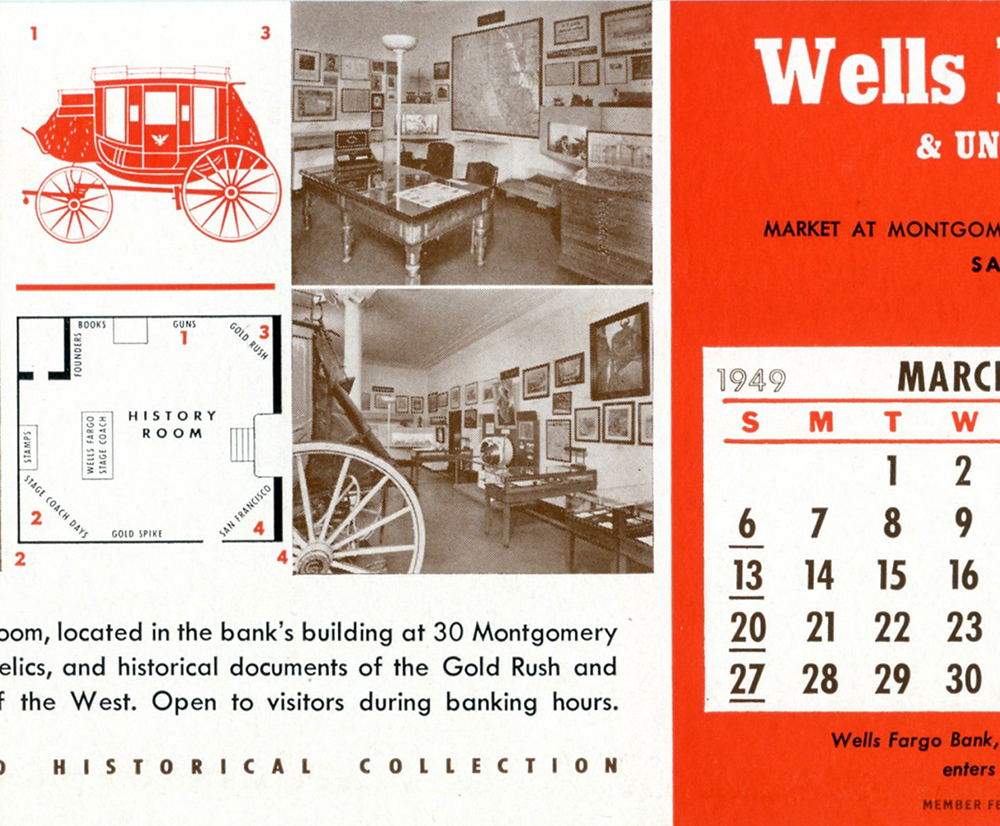 Document showing partial calendar page for March 1949 against red background. At left is graphic of a red stagecoach and map showing arrangement of exhibits in History Room. Also at left two photos of room interior and items on display.