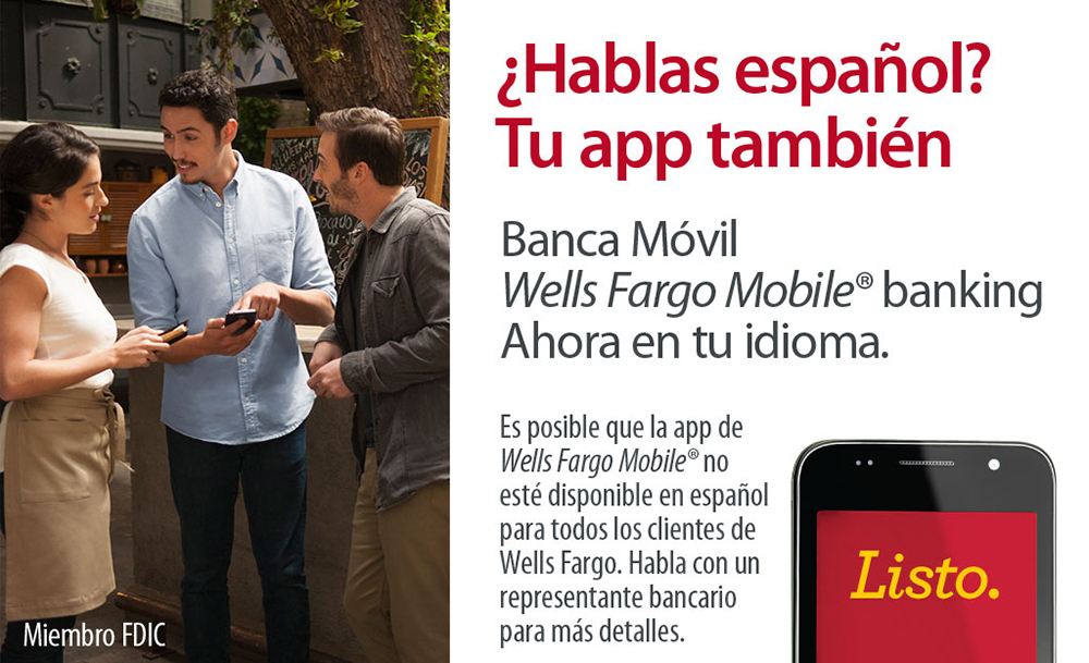 Advertisement with ad copy in Spanish about banking app. Cell phone graphic shows screen with word Listo, on left a photo of three persons, two holding cell phones.