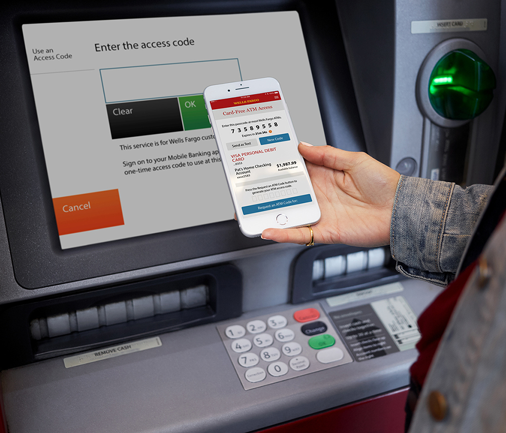 ATM log-in screen and woman's arm holding cell phone above screen. Message on phone displays 8-digit code for ATM access.