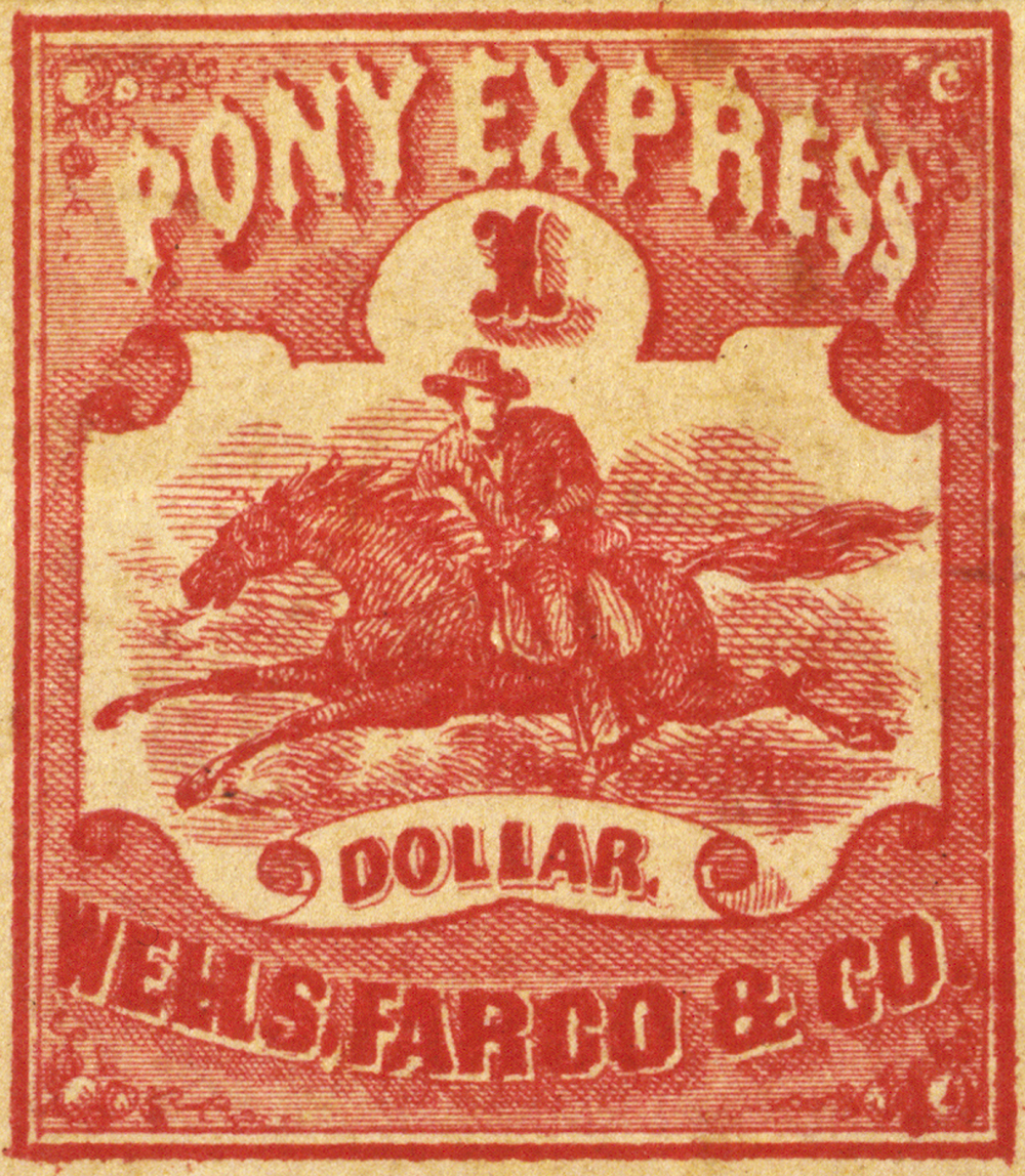 A red postage stamp showing vignette of rider and horse at full gallop running right to left. Reads Pony express 1 Dollar Wells, Fargo & Co. Color image.