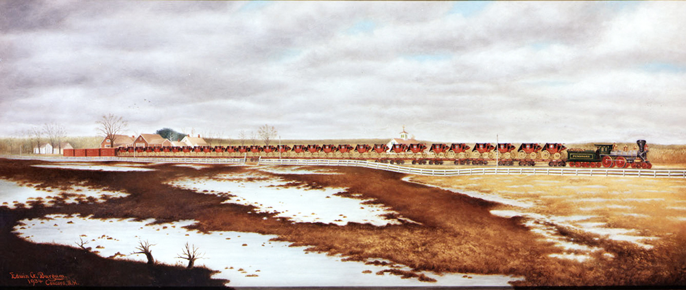 A landscape painting shows multiple stagecoaches sitting on multiple railroad flat cars. Four box cars at rear end of train. Train moving left to right is pulled by steam engine through a landscape of farm fields with patchy snow under a cloudy sky. Artist signed Edward G. Burgum 1934 l Concord New Hampshire lower left.