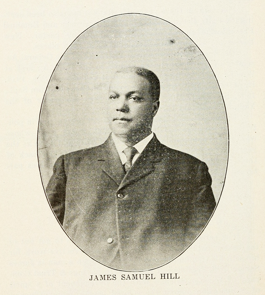 Oval portrait of man in suit and tie looking right. Name below is James Samuel Hill. Image is black and white.