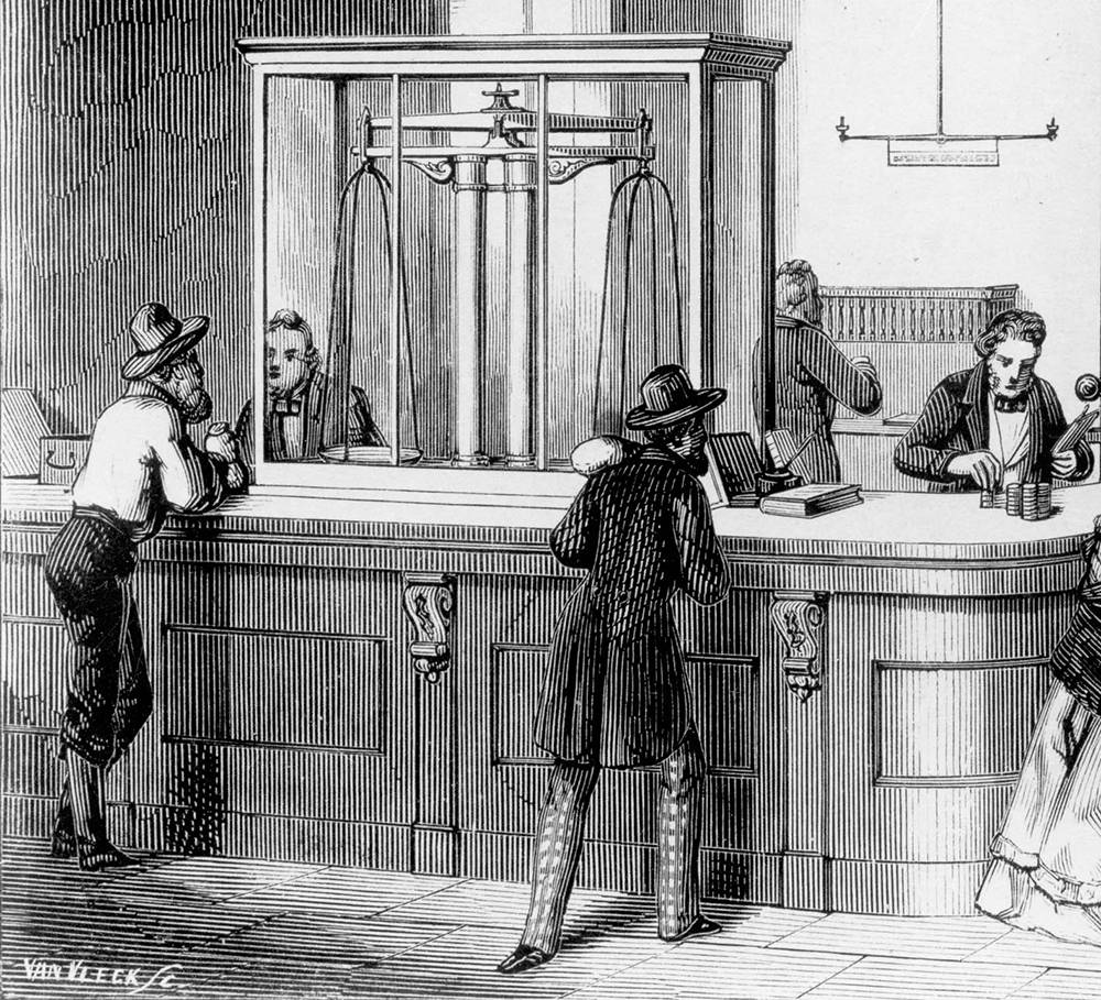 Drawing of bank clerk standing behind wood counter, weighing gold on a large balance scale. Two male customers stand opposite him at the counter. Several other bank employees in background. Image in black and white.