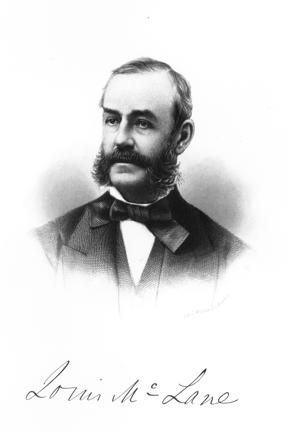 Head and shoulders portrait of Caucasian man in business coat and tie looking right. He has muttonchop whiskers, and large mustache. Signature of Louis McLane below.