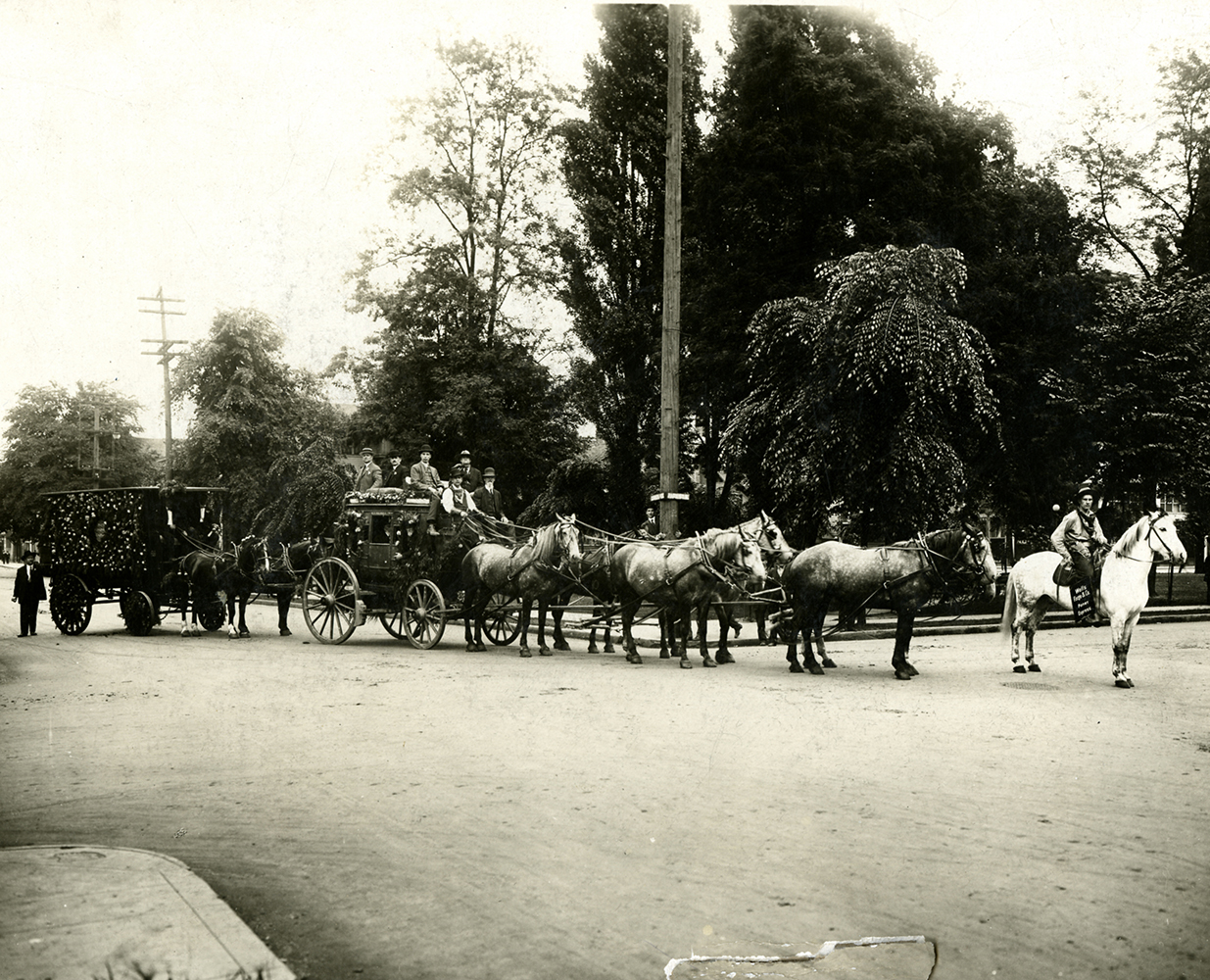 A stagecoach pulled by six horses is stopped in a wooded street. Its driver and five men ride on top. Flowers decorate the coach. A horseback rider on a white horse waits in front of stagecoach and wagon drawn by two horses and covered in roses follows behind. Image is black and white.