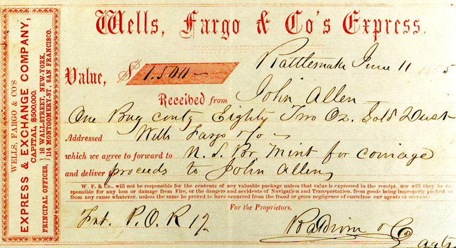 Printed receipt document for Wells Fargo & Co.’s Express. Handwritten at Rattlesnake and dated June 11, 1855. Reads received from John Allen one bag containing eighty two ounces gold dust. Addressed Wells Fargo & Co. which we agree to forward to U.S. Branch Mint for Coinage and deliver proceeds to John Allen. Signed Baldwin & Co., agents. Document has red ink print and black handwriting.