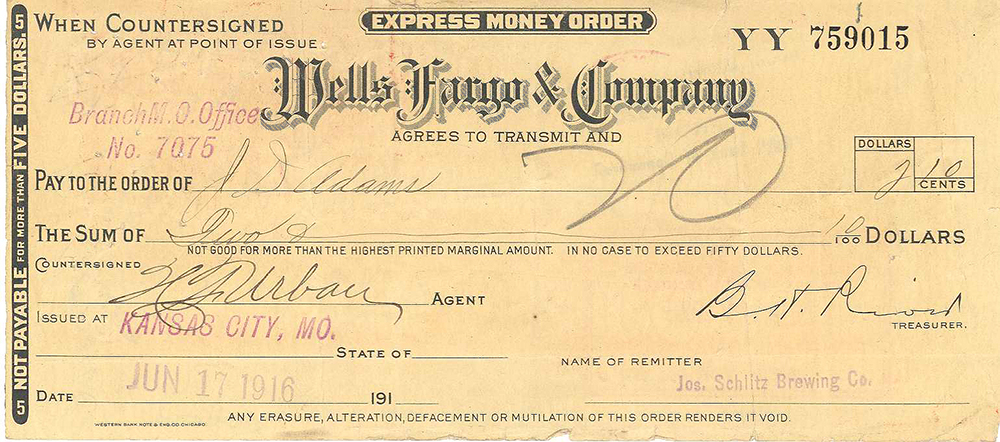 Document dated june 17, 1916 printing says Express Money Order Wells Fargo & Company agrees to transmit and pay to handwritten order of J. D. Adams two dollars and ten cents. Countersigned by H. F. Urban agent, Kansas City, Missouri. Name of remitter (payer) is Joseph Schlitz Brewing Company, stamped at lower right.