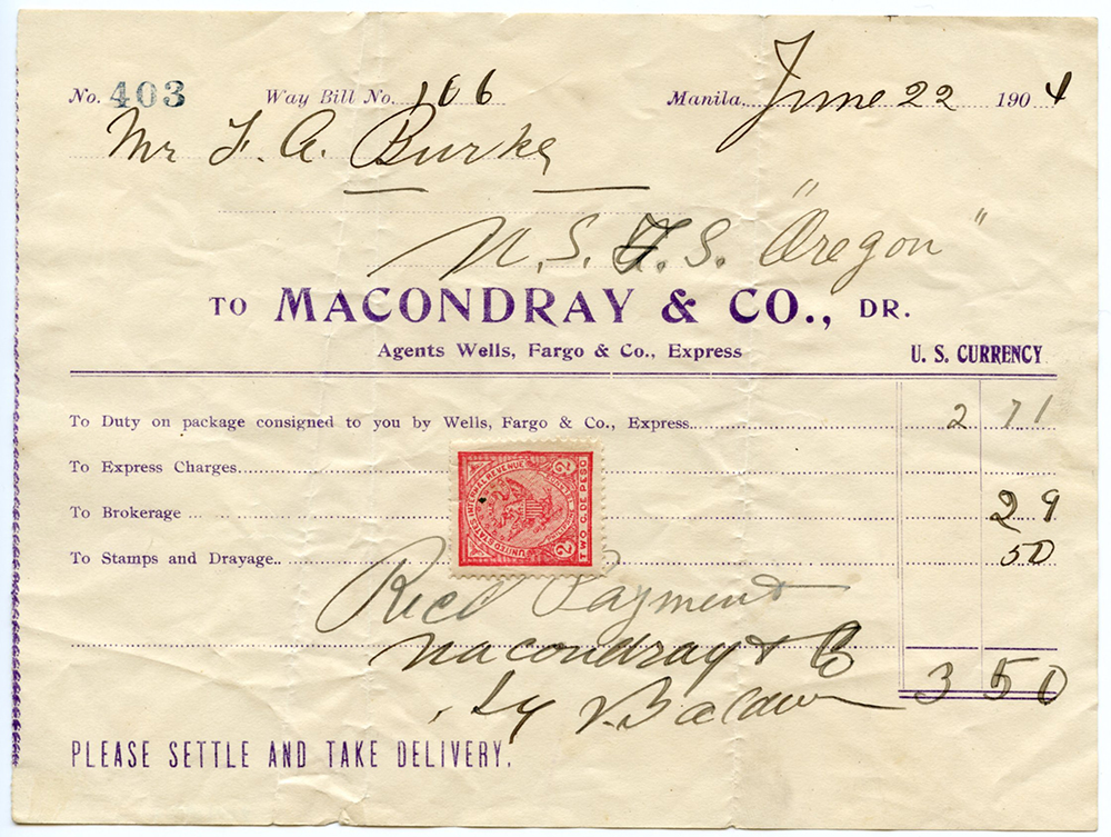 Document form receipt for freight dated June 22, 1904 at Manila, Philippines. Printed Macondray & Co., agents Wells Fargo & Co Express. Handwriting identifies customer Mr. F. A. Burke U.S.S. Oregon and lists duty and charges of $3.50 in U.S. currency. Printed text please settle and take delivery at bottom. Red tax stamp affixed.