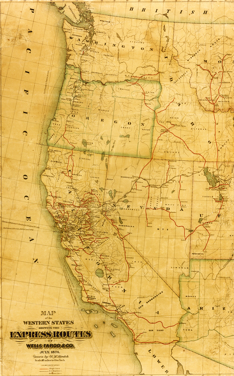 Map of western states of California, Oregon, Washington, Idaho, Nevada, and portions of Montana, Utah, and Arizona. Legend reads Map of the Western States showing Express Routes of Wells Fargo & Co. Dated July 1874. Stagecoach lines are shown in red, railroad lines in black. Map is brown color overall and vertical orientation.