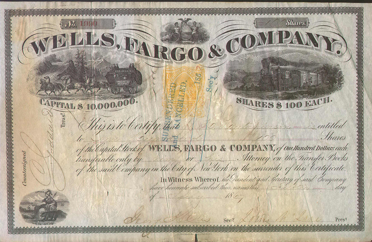 A stock certificate numbered 1990 for 100 shares of Wells, Fargo & Company shows a stagecoach engraving at left and train engraving at right. Below each are words Capital ten million dollars and shares one hundred dollars each. Engravings of state seals of New York and California at top and bottom left, respectively. Signed with signature company president Louis McLane bottom right. Stamped with words surrendered and cancelled at center. Other dates and signatures are unreadable.