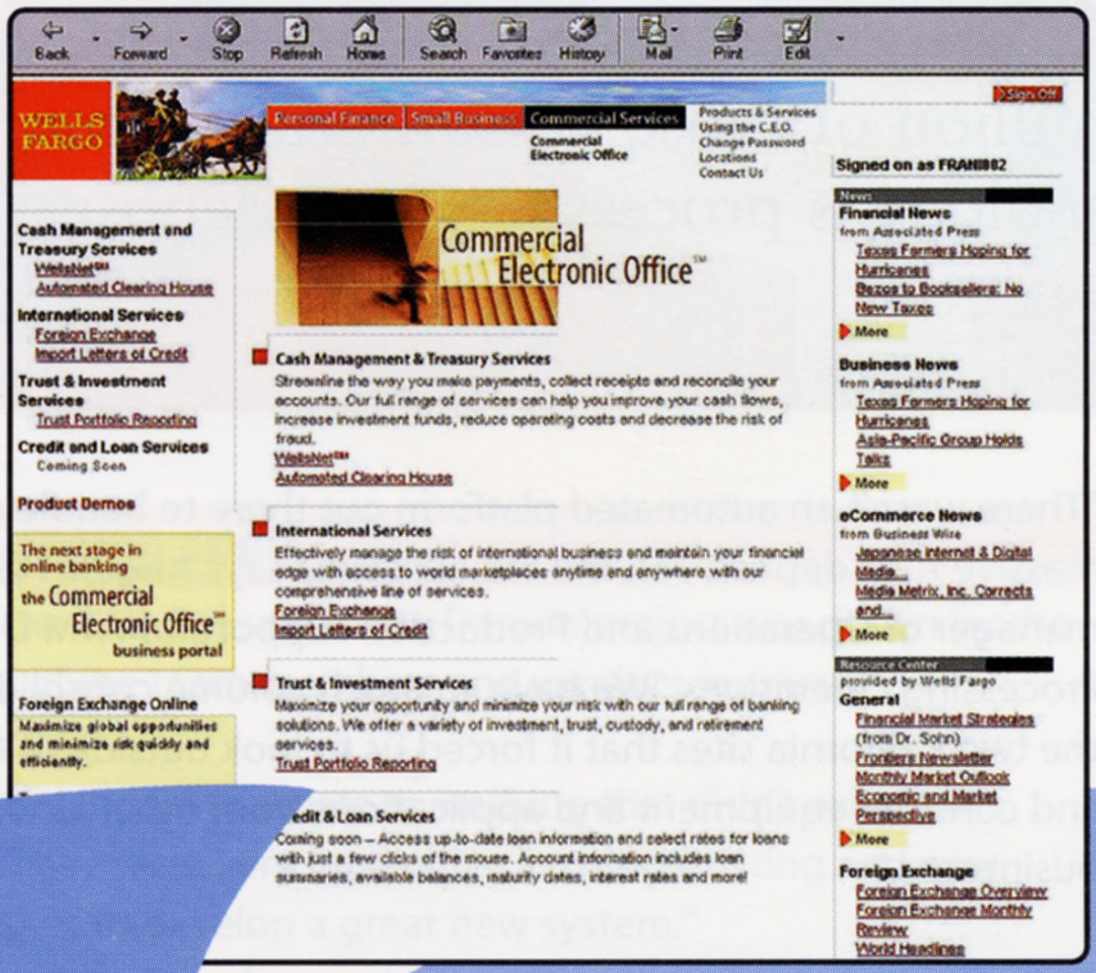Screenshot of homepage for Commercial Electronic Office banking product, 2000. Red Wells Fargo logo is upper left, navigation links left and right columns. Product description in several paragraphs in center. Color image.