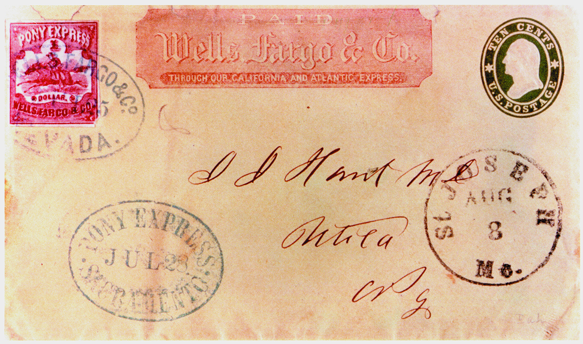 Envelope with handwritten address J.J. Hunt, M.D., Utica New York. Has red Wells Fargo & Co. Pony Express stamp showing running horse and rider in upper left, and oval inked postmarks from Nevada [City], Sacramento dated July 28, and St. Joseph, Missouri August 8. Red banner graphic top center reads Paid Wells Fargo & Co. on our California and Atlantic Express. Black US postage stamp for ten cents showing bust of Washington is in upper right.