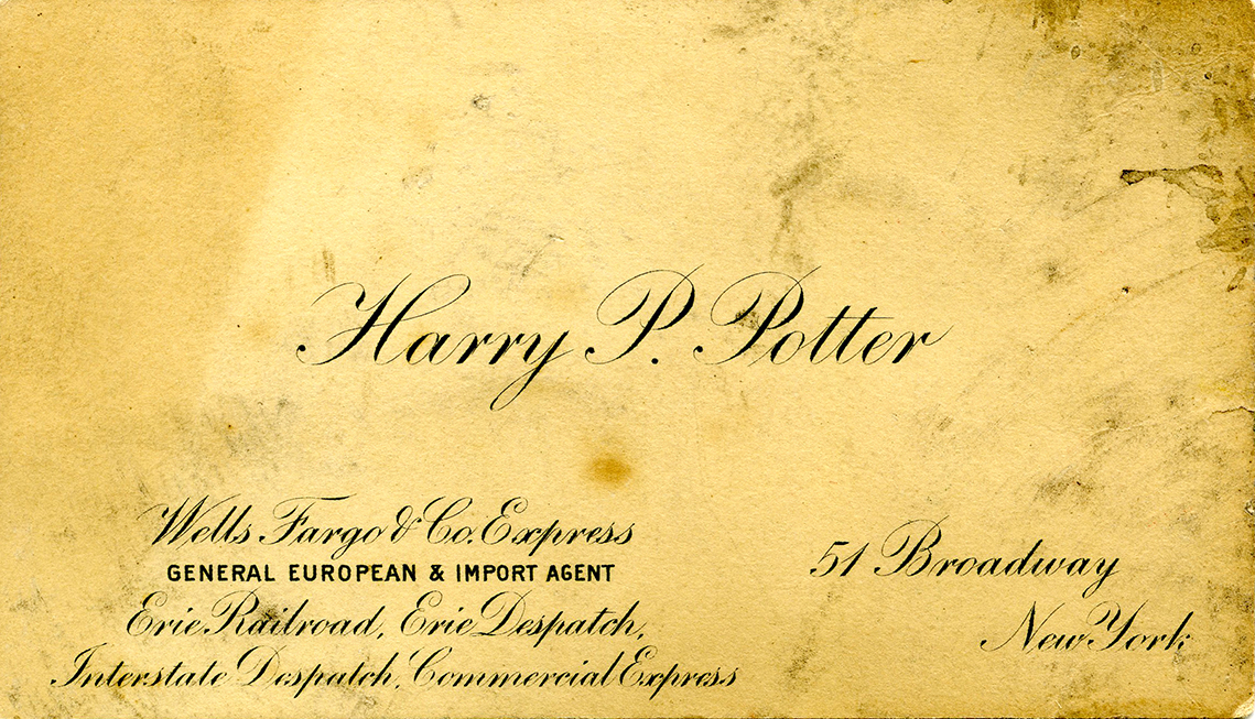 Business card type reads Harry P. Potter in center, with general European and import agent title Wells Fargo & Co's Express, 51 Broadway New York below. Additional type lists further associations with Erie Railroad, Erie Despatch, Interstate Despatch Commercial Express in lower left. Card is printed on yellowed antique paper with several ink stains.
