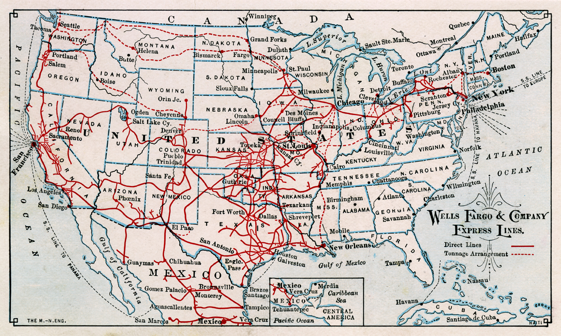 Map shows many red and blue solid and dotted lines showing railroad routes across the lower 48 states of the United States, plus parts of Mexico and Cuba. Map key reads Wells Fargo & Co. Express Lines: direct lines and tonnage arrangements.