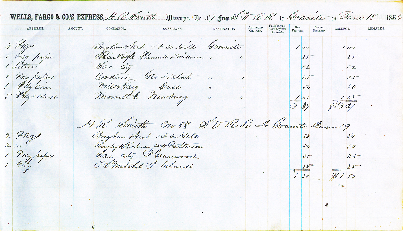 Handwritten waybills for Sacramento Valley Railroad from Sacramento to Granite dated June 18 and 19, 1856. Messenger H.R. Smith listed items carried on train and who sent to. Items included packages, coins, letters, papers, and charges collected by the company. Black ink and print on blue paper, landscape orientation, approximately legal size sheet.