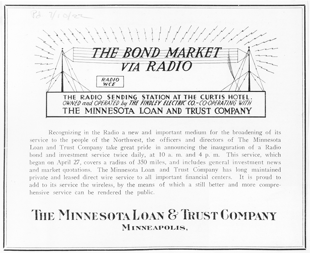 A white piece of paper with radio wires and towers with a description of the loan from the Minnesota Loan and Trust Company to broadening the radio waves. The headline reads: The Bond Market Via Radio.