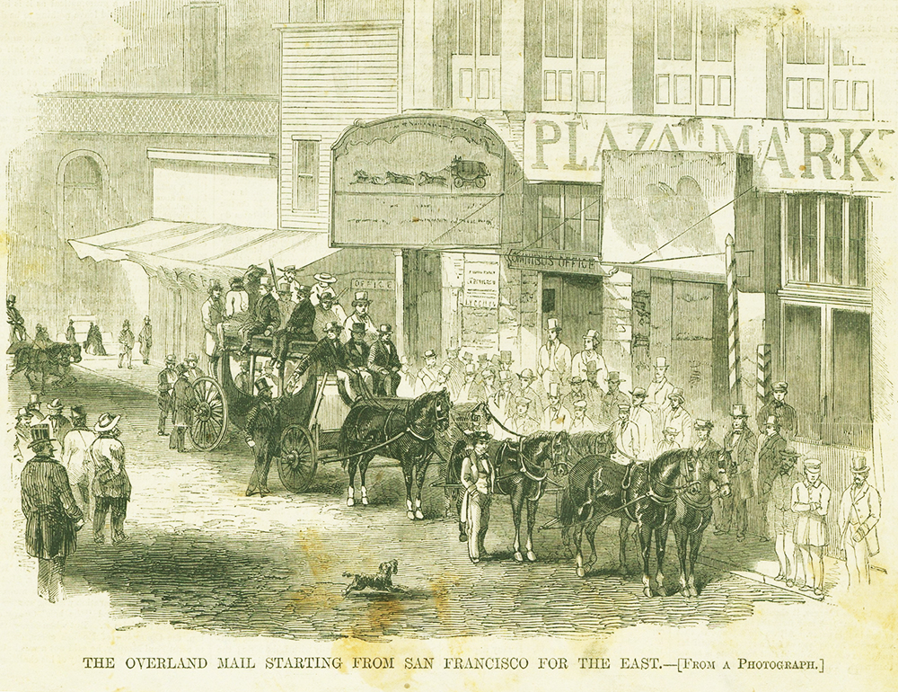 Drawing of people boarding a stagecoach as a crowd gathers. Caption reads: The Overland Mail Starting From San Francisco for the East.