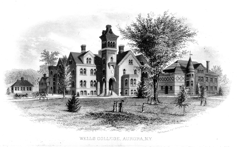 Black and white drawing of a large building with trees and people in front of it. Labeled: Wells College, Aurora, New York.
