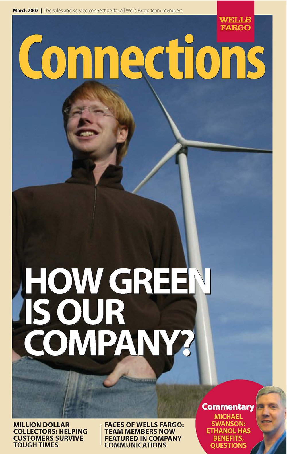 Wells Fargo Connections magazine cover showing man and wind turbine. Reads How Green is our Company?