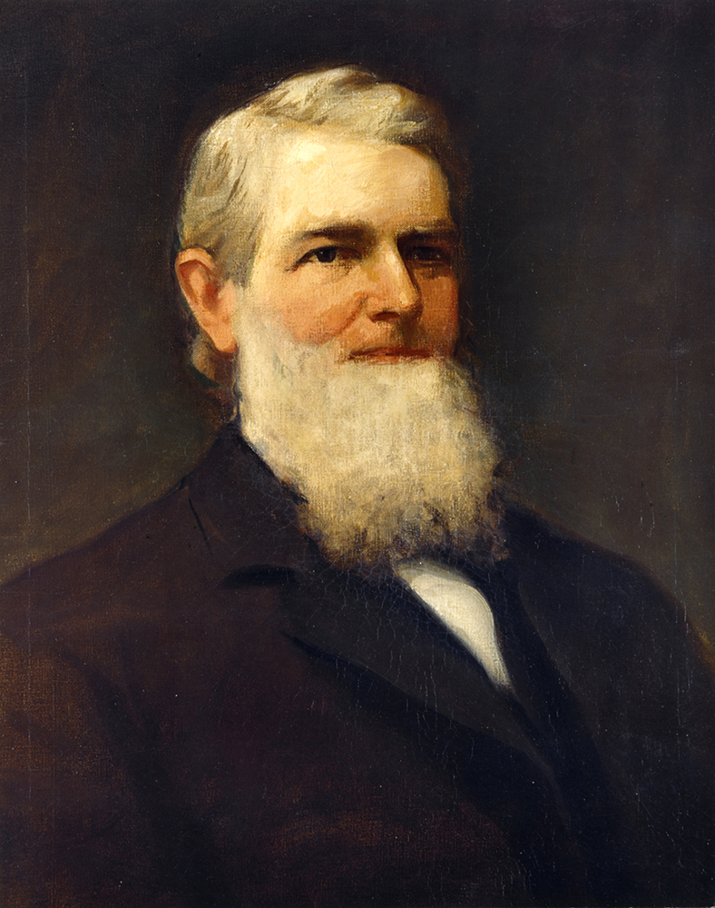 Painted portrait of man in dark suit with grey hair and full gray beard, looking right. Head and torso in frame.