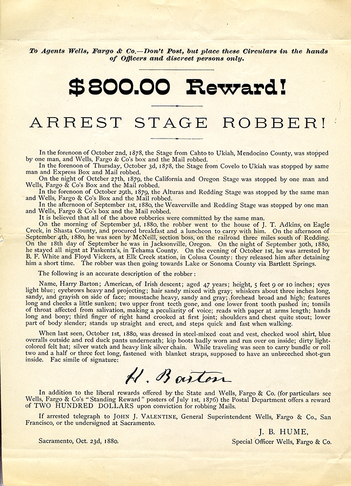 A paper notice with multiple paragraphs in small print and headline reading eight hundred dollar reward arrest stage robber. Dated October 23, 1880.