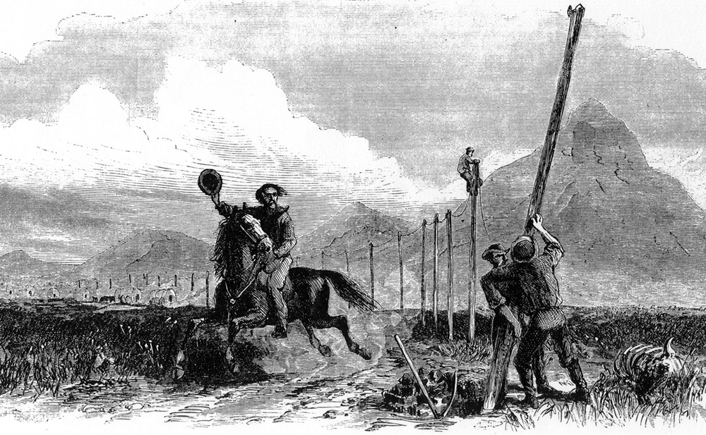 A black and white line drawing of a single rider on horseback tipping his hat as he rides by several men erecting wood telegraph poles and wires. In the background one worker is atop a pole. Mountains in the distance, desert landscape in foreground.