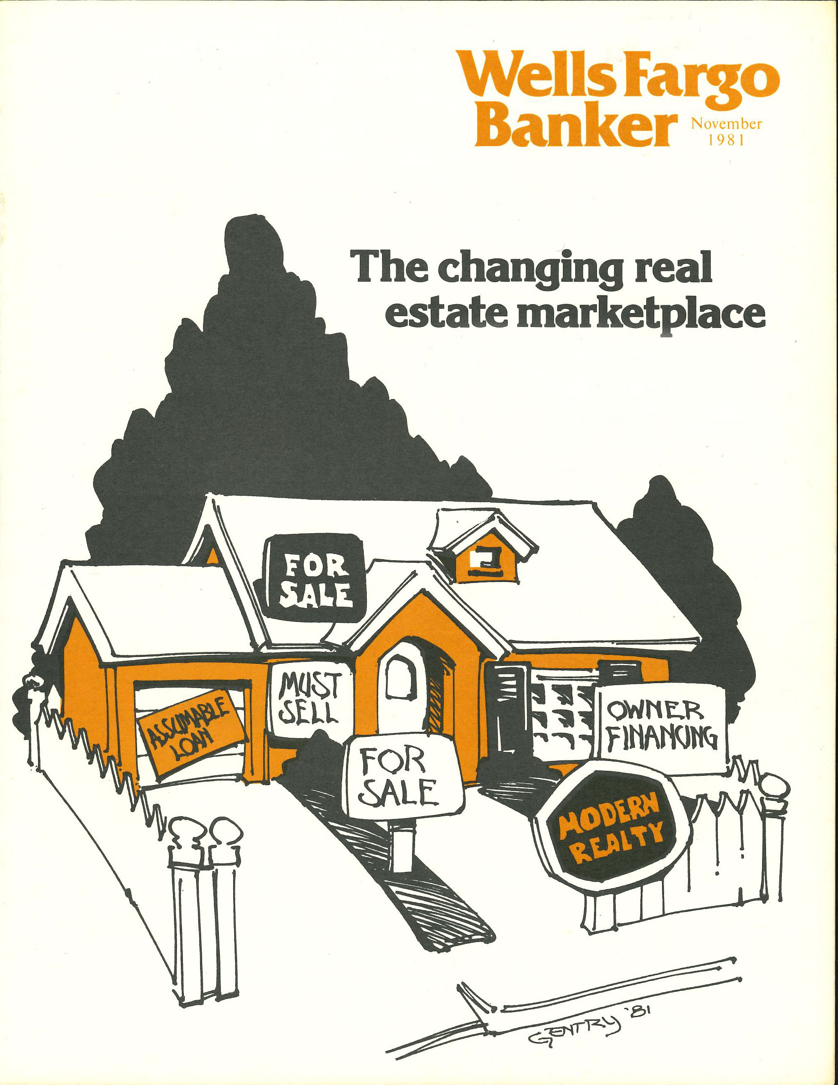 Magazine cover shows drawing of a home with multiple yards signs reading for sale, owner financing and other phrases. Title is Wells Fargo Banker, subtitle below reads The changing real estate marketplace. Image is color.