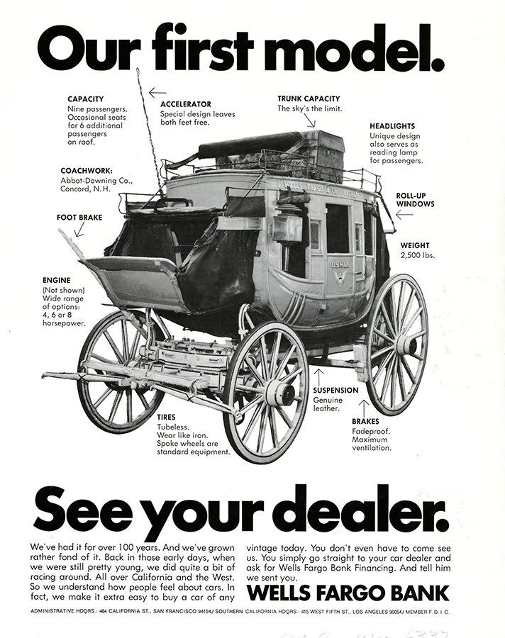 Black and white Advertisement with a picture of a stagecoach covered in arrows and explanations of its parts: Engine, tires, brakes, etc. The headlines read: Our first model. See your dealer.