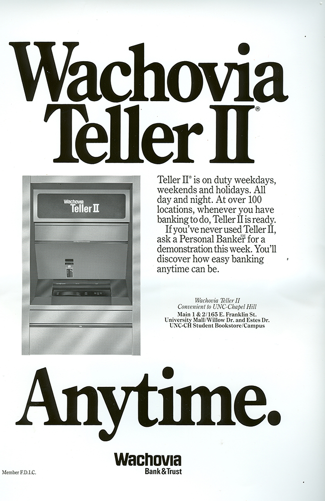 Ad with a picture of a Wachovia Teller II automated teller machine. Headline reads: Wachovia Teller II Anytime.