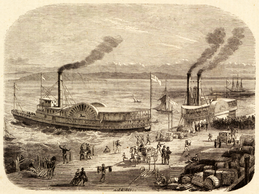Black and white illustration of a dock. Crowds gather to board steamship, while another steamer ship launches into the water.