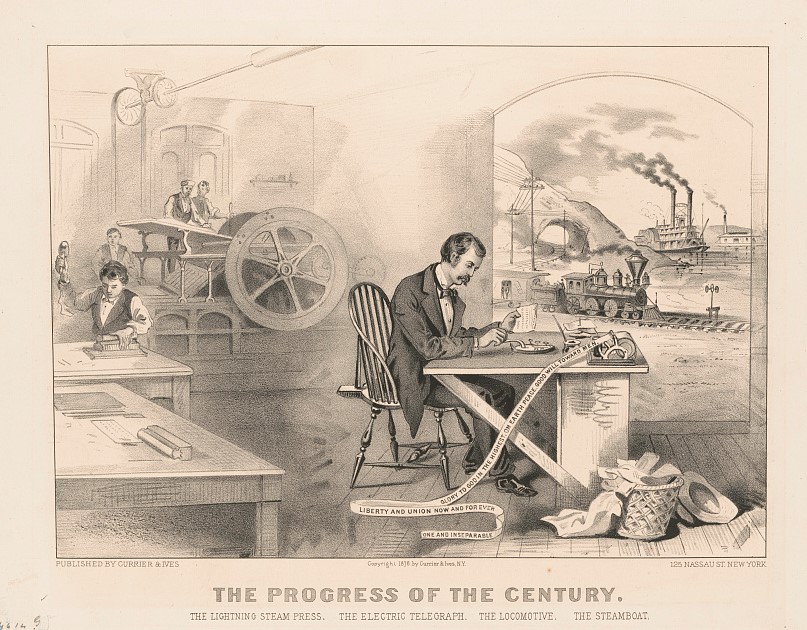 Illustration of a man at a desk using a telegraph key. In the back ground to the left is a steam powered printing press. To the right is a train and steamboat.