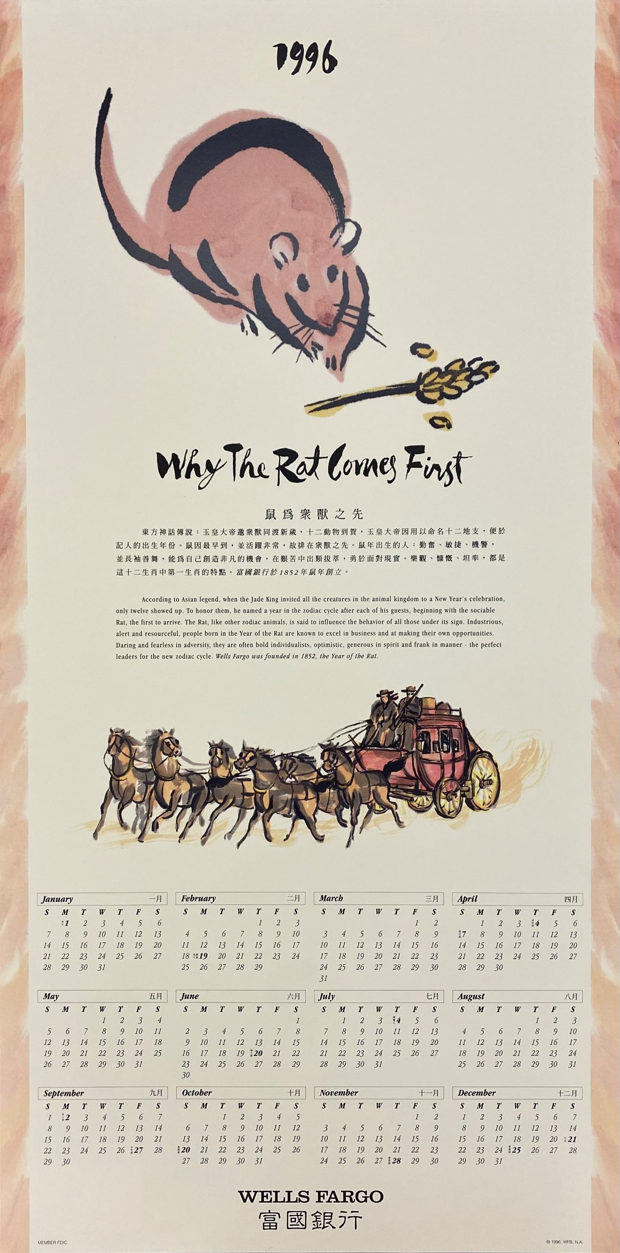 Calendar with illustration of Wells Fargo Stagecoach. Also features a rat with the title Why the Rat came first.
