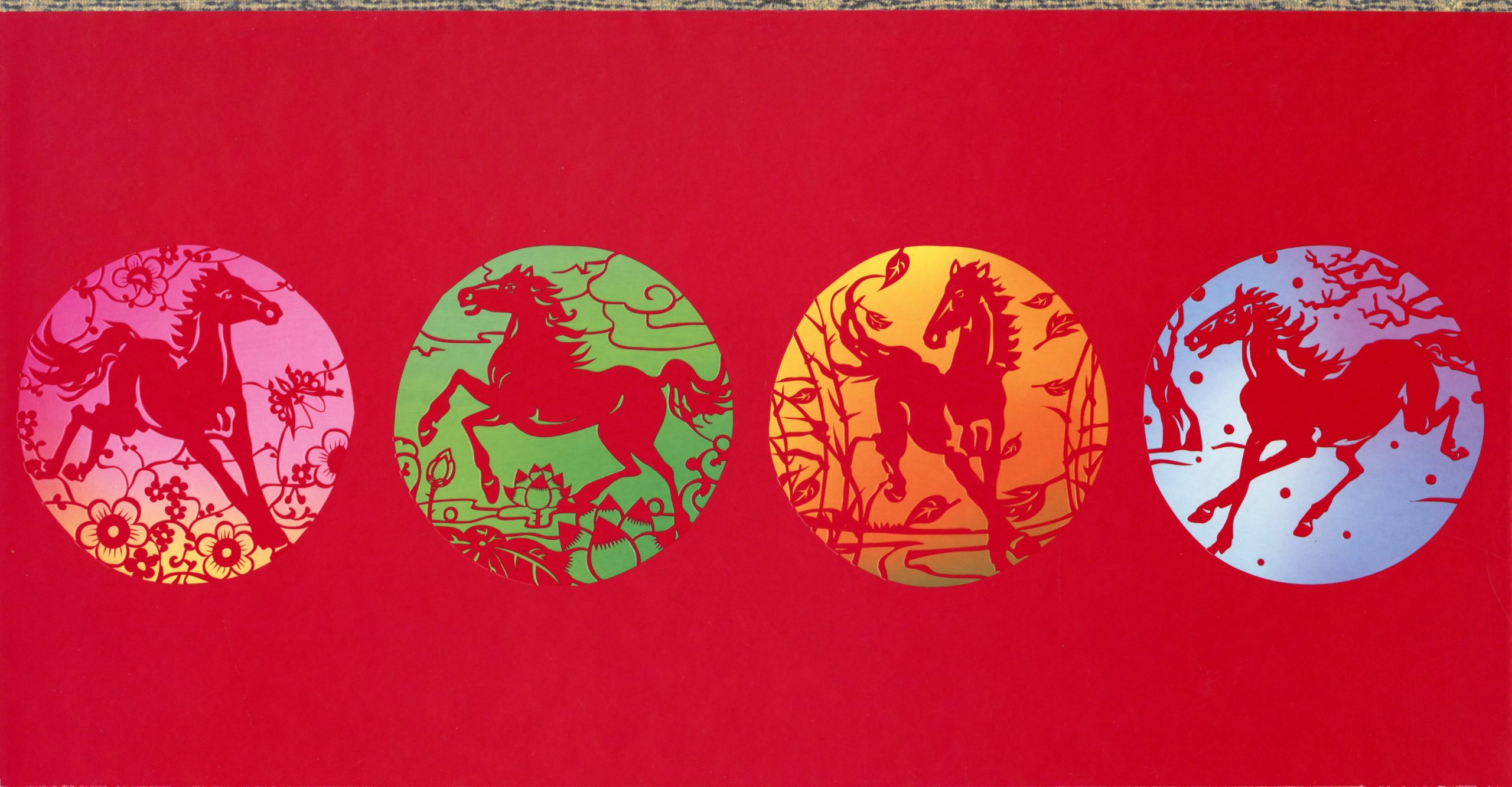 Illustration of four horses, one each within a colorful circle. Shown against a solid red surface.
