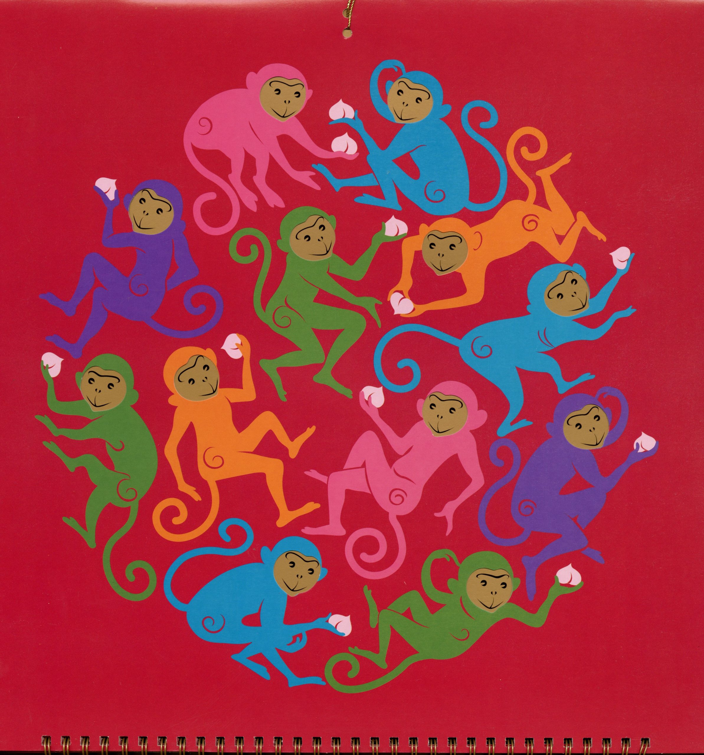 In a circular pattern are the outlines of a group of colorful monkeys. Each holding a peach, sign of longevity.
