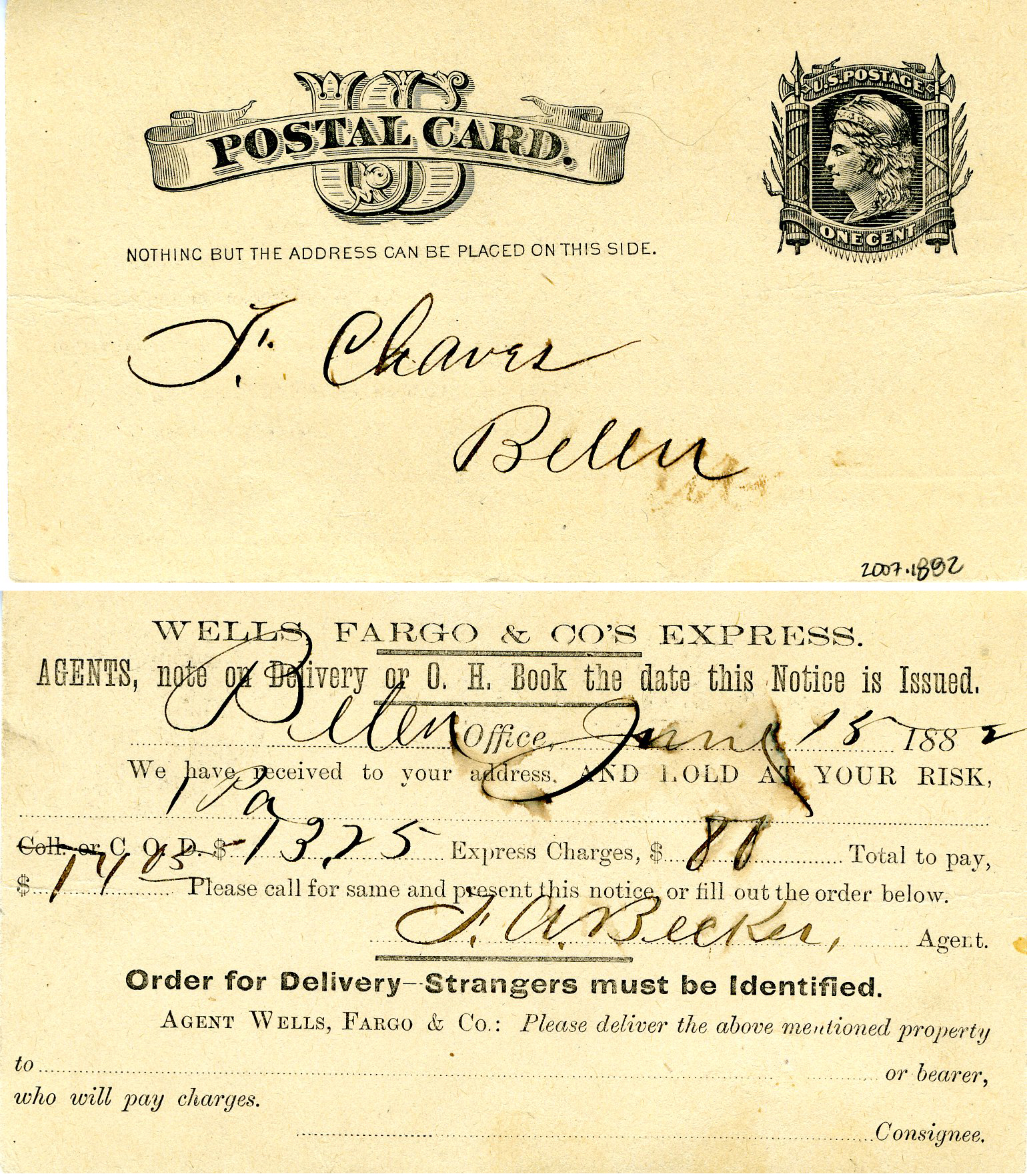 An aged postal card shows on one side it is to J. Chaves in Belen. The other side shows a date of June 1882, the charges, and agent’s signature. Image link will enlarge image.