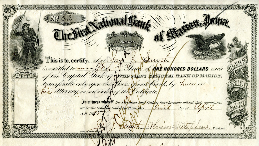 Stock certificate for The First National Bank of Marion Iowa, signed by Louisa Stephens.