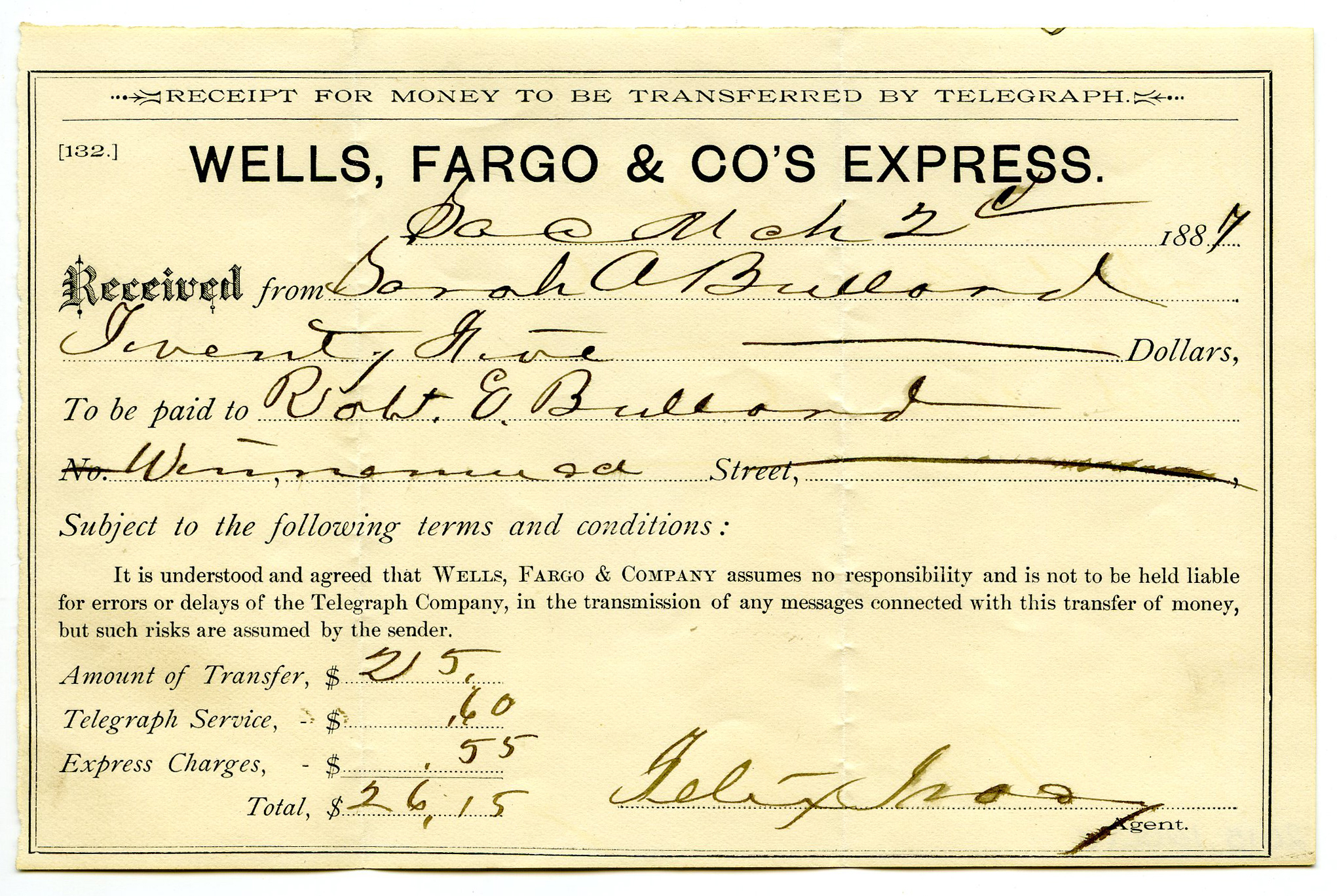 Cream-colored printed form with handwritten directions filled in. Reads: Sac, March 2, 1887. Received from Sarah Bullard. Twenty five dollars. To be paid to Robert E. Bullard. Winnemucca. Charges of 1.15 are added, with a total from Sarah as 26.15.