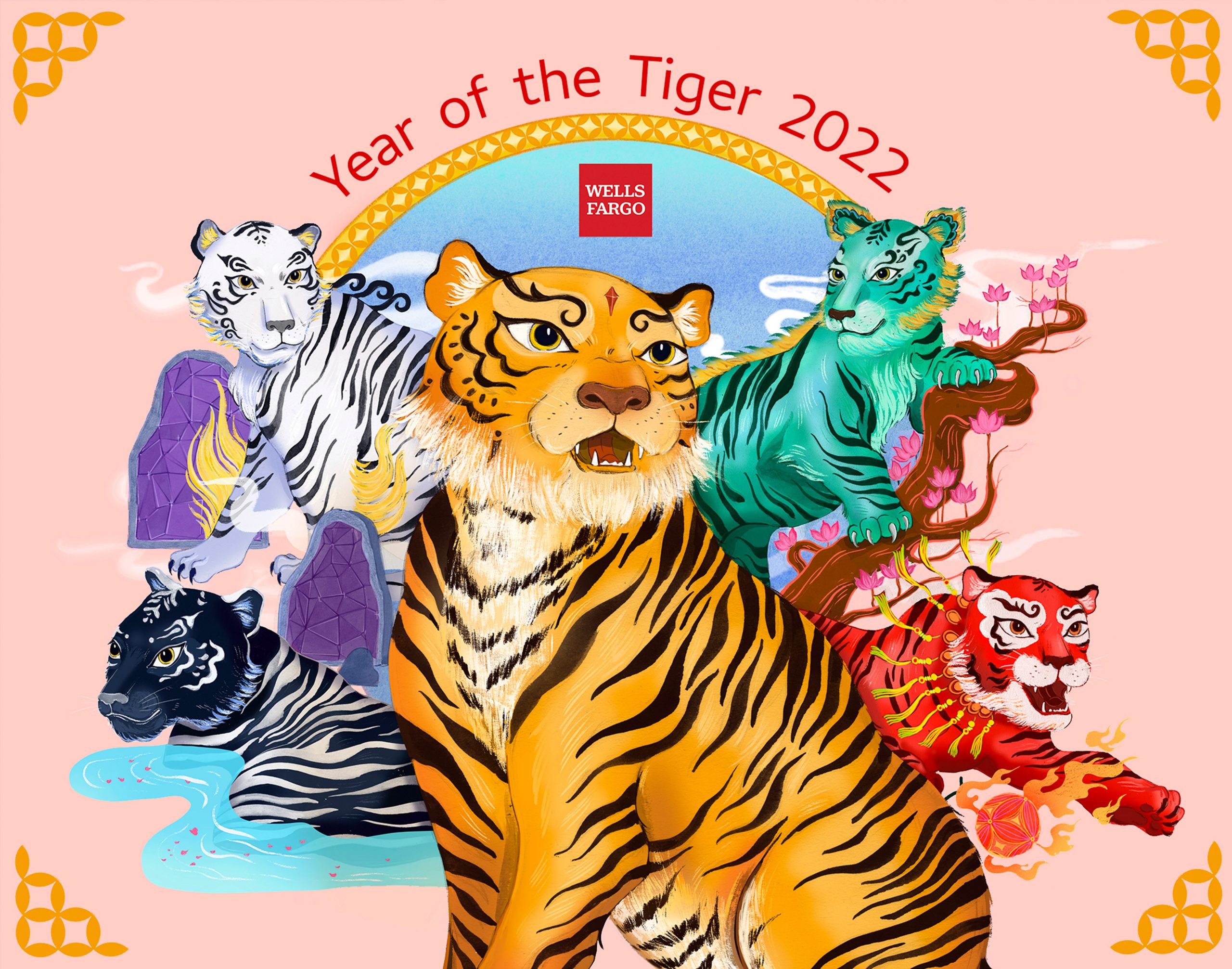 Calendar cover showing five tigers in different colors.