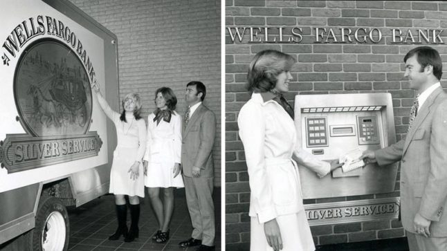 Two women and a man stand before a white truck branded with Wells Fargo Bank Silver Service on the side. Image link will enlarge image. In the image on the right, a man and woman stand before a wall mounted ATM machine. Together they each hold in one hand an ATM slip. The brick wall behind them has signage that reads: Wells Fargo Bank. Image link will enlarge image.