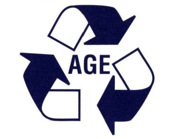 Triangular recycling symbol made up of three chasing arrows with “AGE” in center.