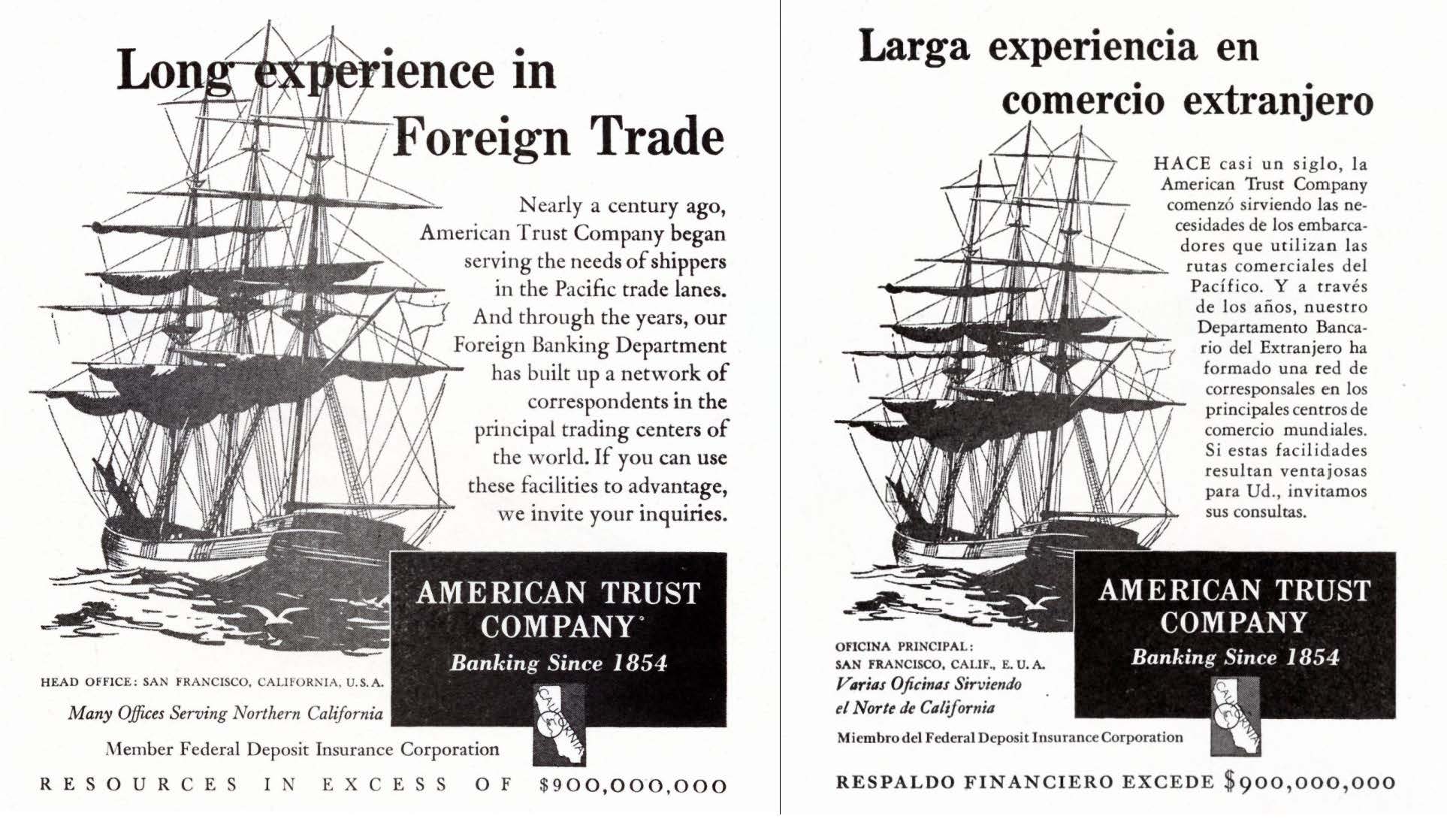 On left, advertisement in English for American Trust Company featuring a ship. On right, Spanish translation of the same ad.