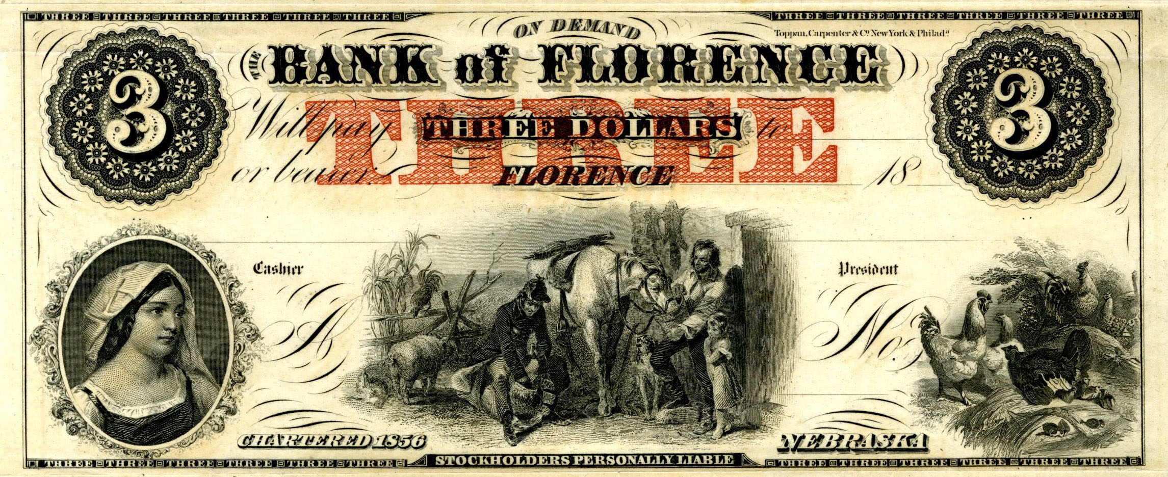 A tan check from the Bank of Florence with black lettering and a large orange word THREE. Featured on the check are illustration of a young women, a farm scene, and wild birds.