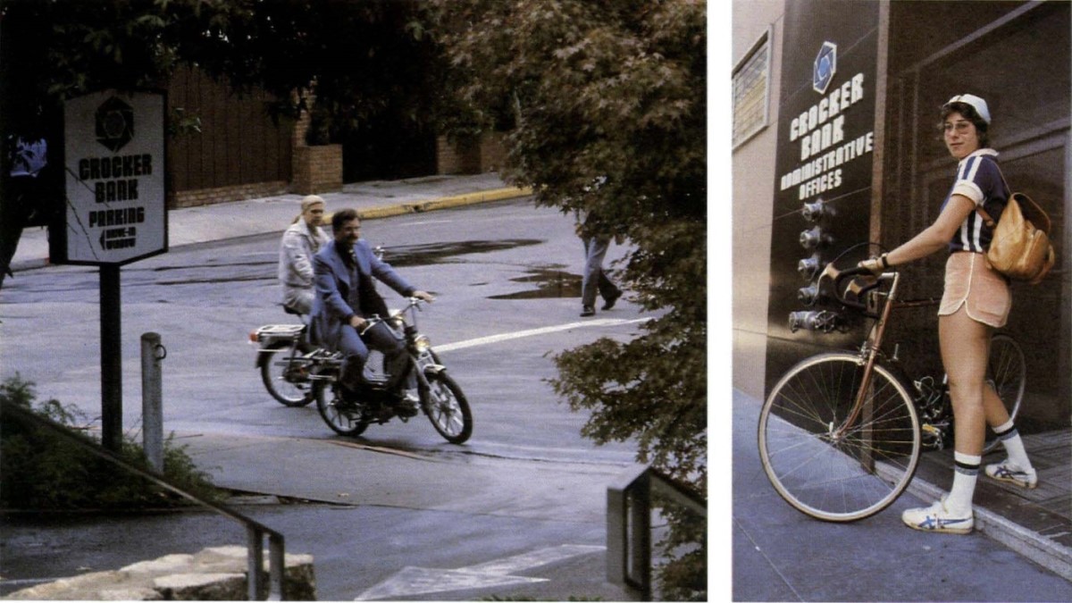 On left, two people riding mopeds into Crocker Bank parking lot. On right, woman with bicycle in front of Crocker Bank administrative offices.