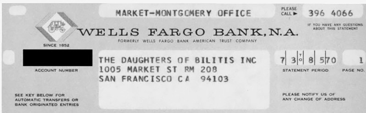 Grey account statement for Wells Fargo customers Daughters of Bilitis from 1970.