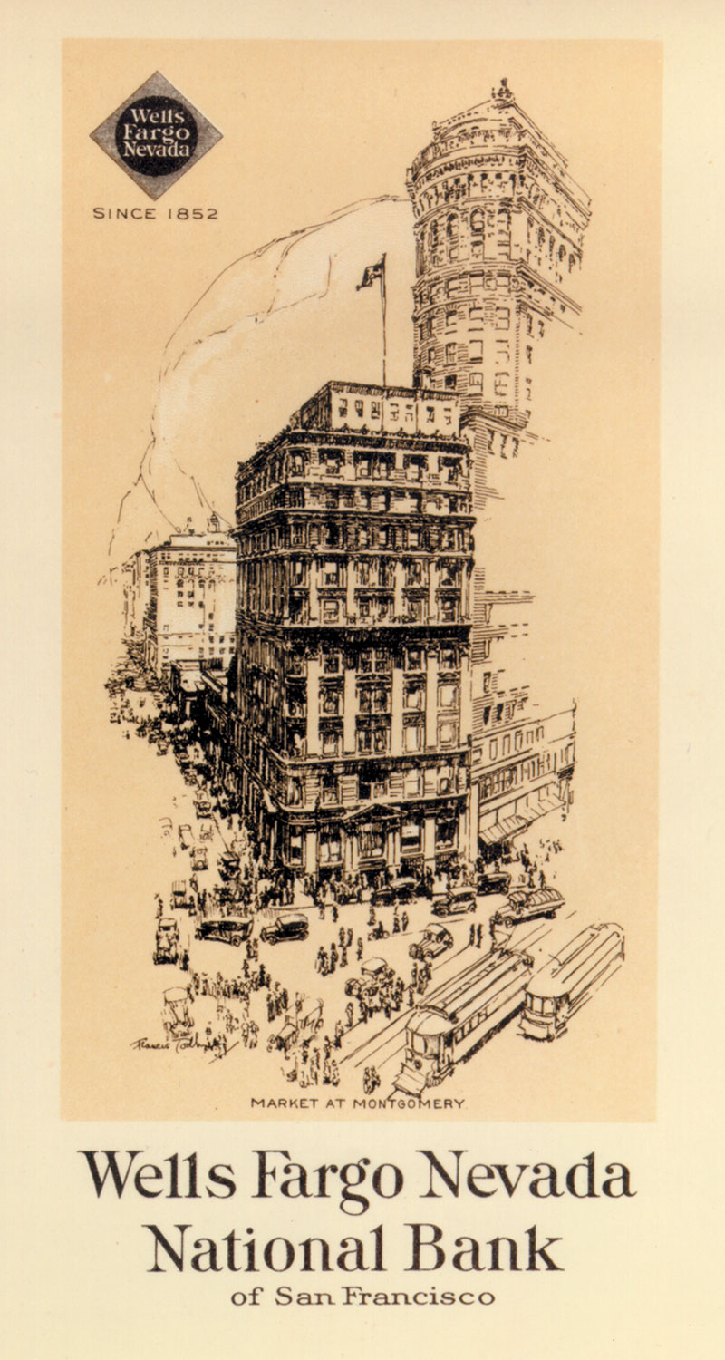 A yellow advertisement for Wells Fargo Nevada National Bank featuring pencil sketches of several San Francisco buildings. The Wells Fargo diamond sign symbol is in upper left corner. Image link will enlarge image.