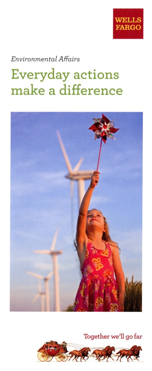 Brochure cover for Wells Fargo Environmental Affairs, with girl standing in front of a row of windmills, holding a pinwheel.