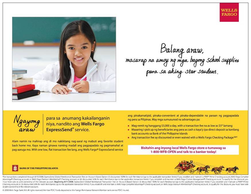 Advertisement in Tagalog text for Wells Fargo ExpressSend, showing young girl seated in classroom.